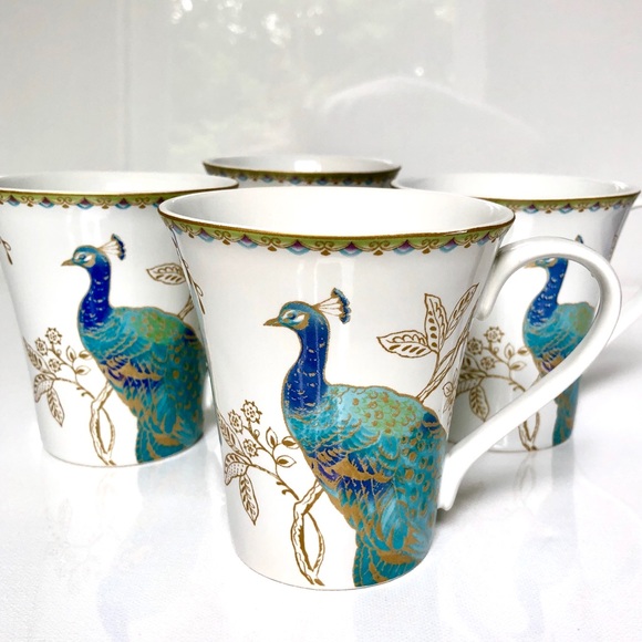 222 Fifth Other - 4 Mugs Porcelain Peacock 222 Fifth Fine Porcelain